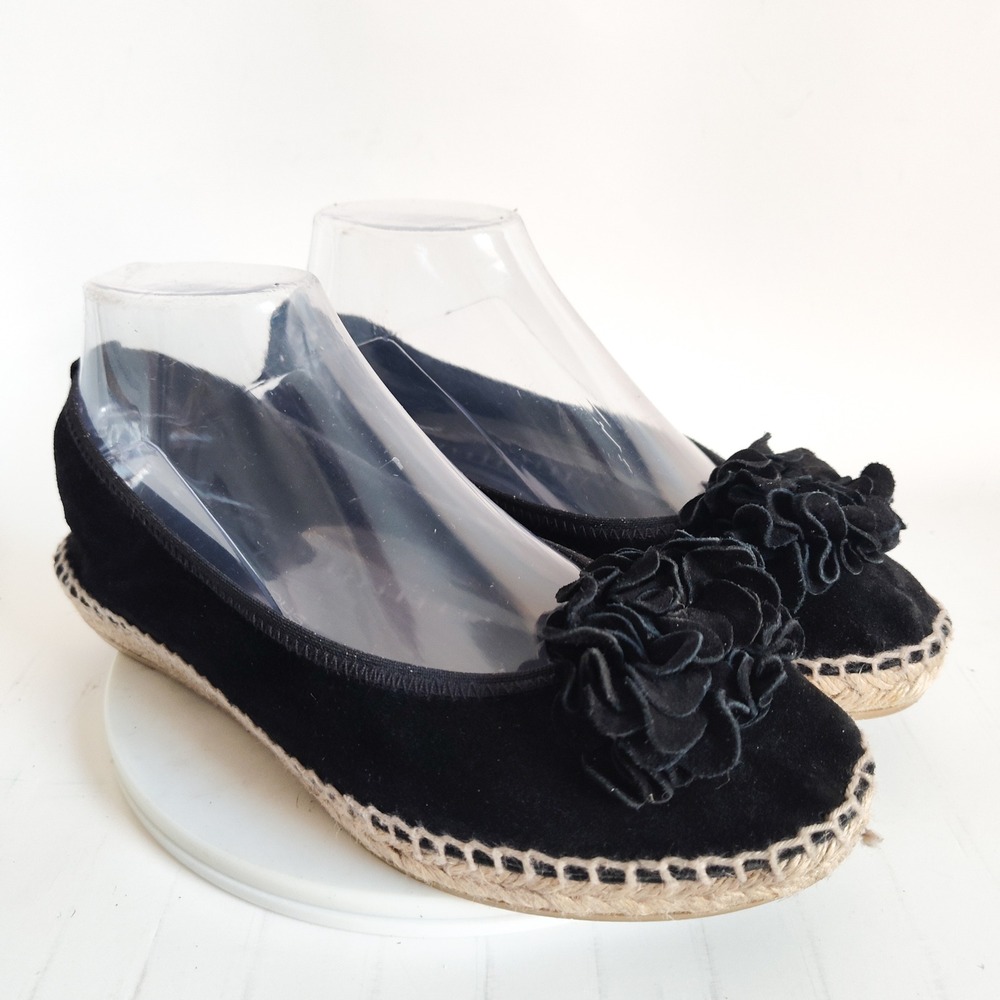 Andre Assous Espadrille Flats 9 Black Suede Shoes Ruffle Flower Made in Spain